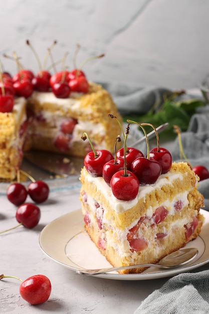 Piece of homemade cake with sweet cherries is located on a plate on gray background Vertical format