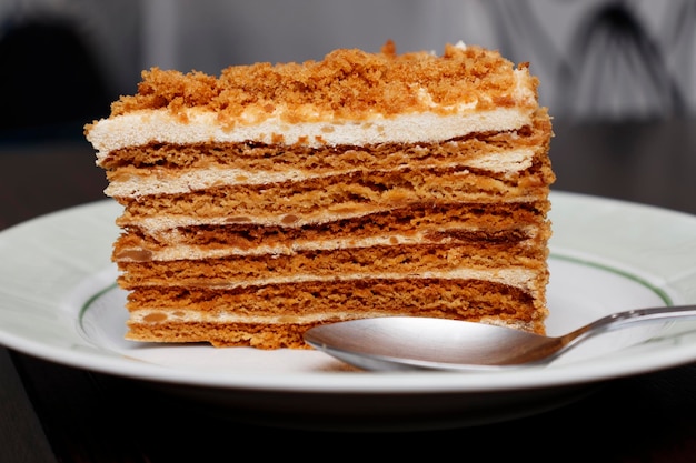 Piece of honey cake or Medovik in a plate in caffe Selective focus