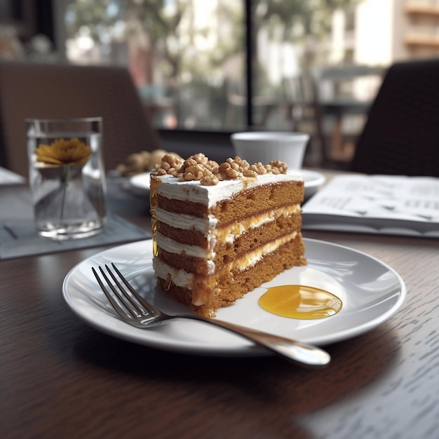 A piece of honey cake on a plate with honey and white cream Generative AI