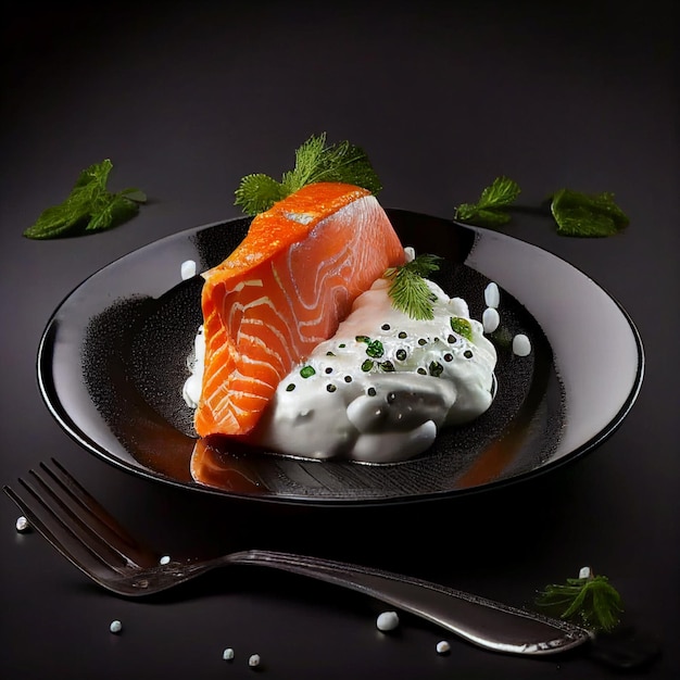 Piece of juicy appetizing red fish salmon with white tartar sauce isolated on black close-up