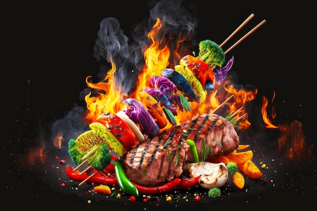 Piece of juicy meat and grilled vegetables on skewer on fire