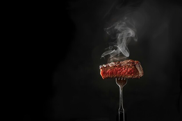 A piece of juicy medium rare beef steak on the fork close up Steam rises from it