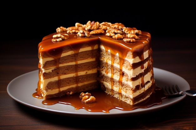 Piece of layered cake with nuts and caramel