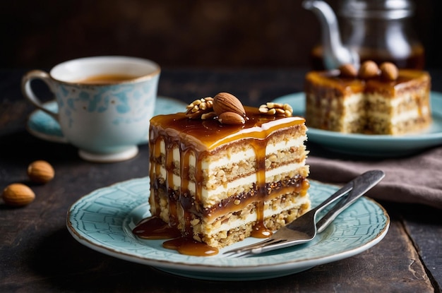 Piece of layered cake with nuts and caramel