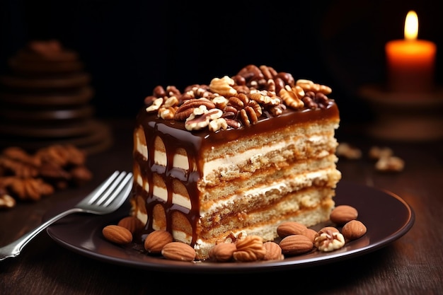 Piece of layered cake with nuts and caramel