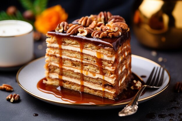 Piece of layered cake with nuts and caramel