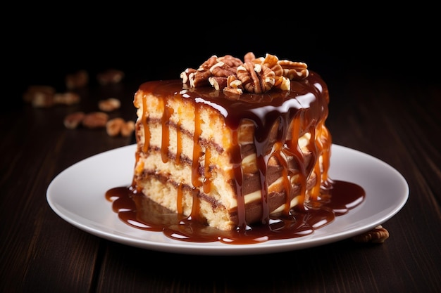 Piece of layered cake with nuts and caramel