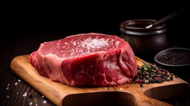 A piece of meat on a cutting board with spices on it.