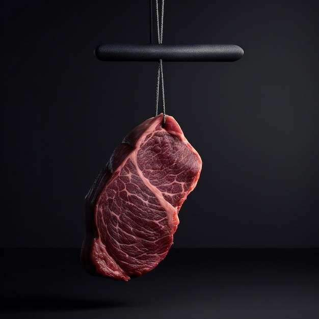 A piece of meat hangs from a black handle.