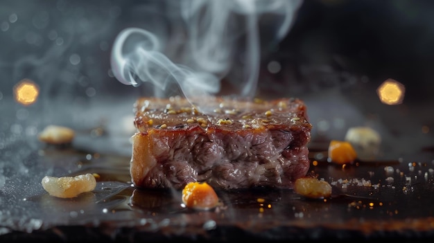 Photo a piece of meat is on a table with a smoke coming out of it