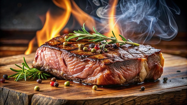 a piece of meat is on a wooden board with fire in the background