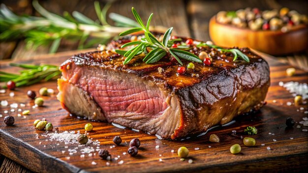 a piece of meat is on a wooden board with fire in the background