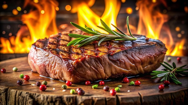 a piece of meat is on a wooden board with fire in the background