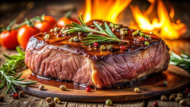 a piece of meat is on a wooden board with fire in the background