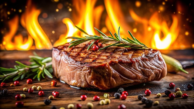 a piece of meat is on a wooden board with fire in the background