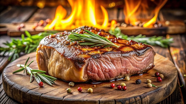 a piece of meat is on a wooden board with fire in the background