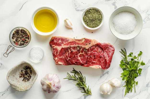 A piece of meat surrounded by various spices and seasonings on a flat surface in a commercial