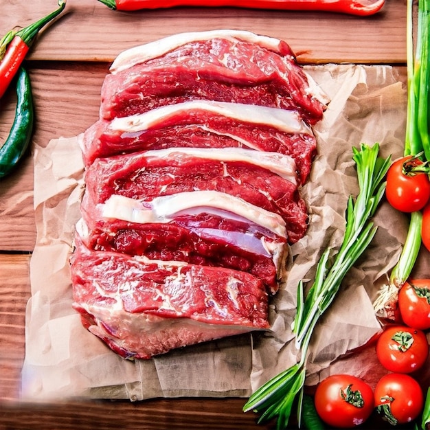 A piece of meat with a few vegetables on a wooden table.