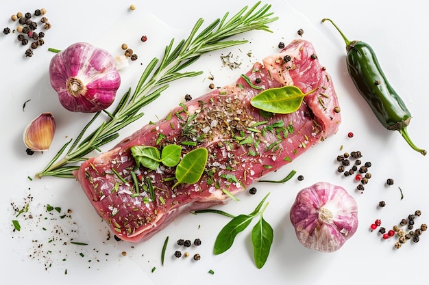 Photo a piece of meat with herbs and spices on a white surface