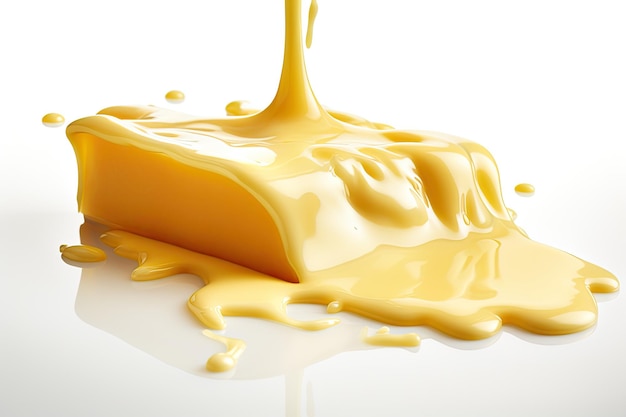 A piece of melted cheese on a white background