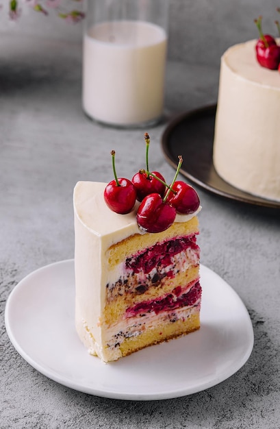 A piece of milk cake with cherries