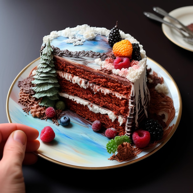 A piece of New Year's cake with a design on a plate on a wooden table A delicious dessert