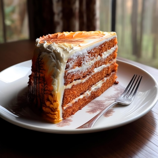 A piece of orange cake on a plate on a wooden table A delicious dessert