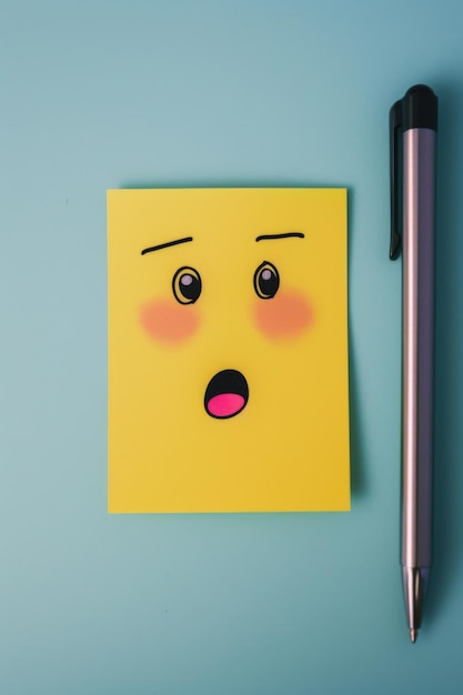 A piece of paper featuring a minimalist surprised face drawing is seen beside a pen