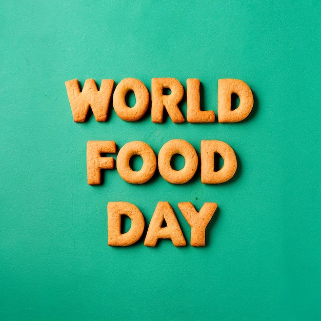 Photo a piece of paper message in cookie letters that says world food day on it drink