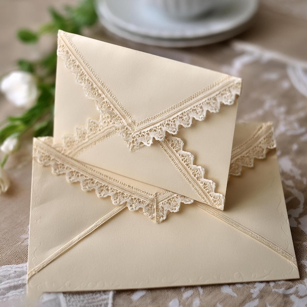 a piece of paper with a lace on it sits on a table