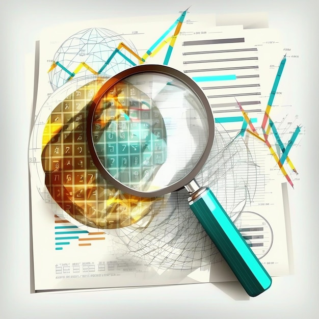 A piece of paper with a magnifying glass and a graph on it.