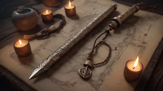 a piece of paper with a sword and candles on it