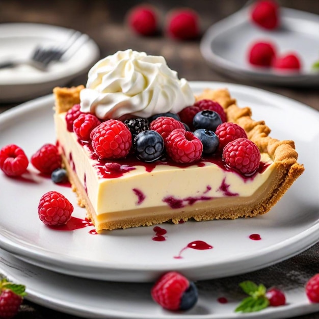 a piece of pie with berries and whipped cream on it