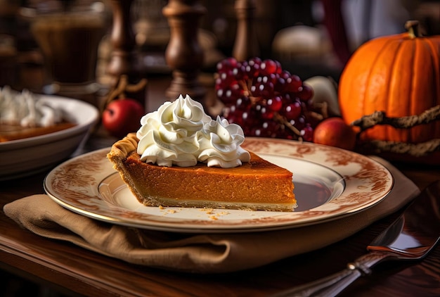 a piece of pumpkin pie is shown on a plate top of a table