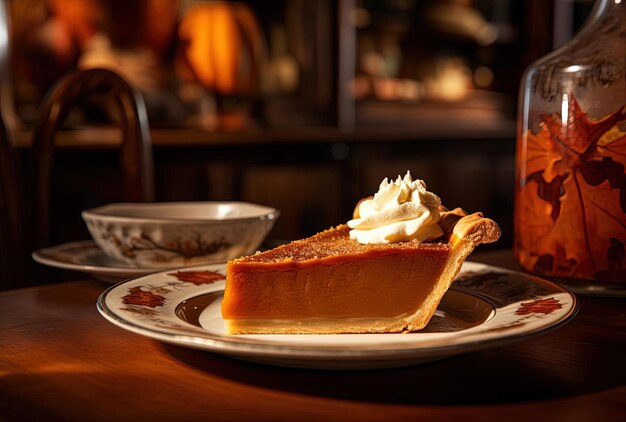 a piece of pumpkin pie is shown on a plate top of a table