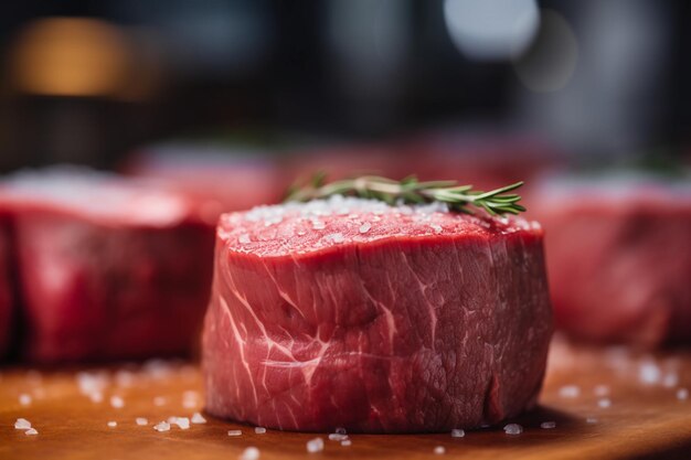 A piece of raw beef sits on a cutting board with a sprig of rosemary on it.