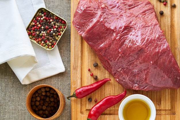 Piece of raw beef with spices and oil