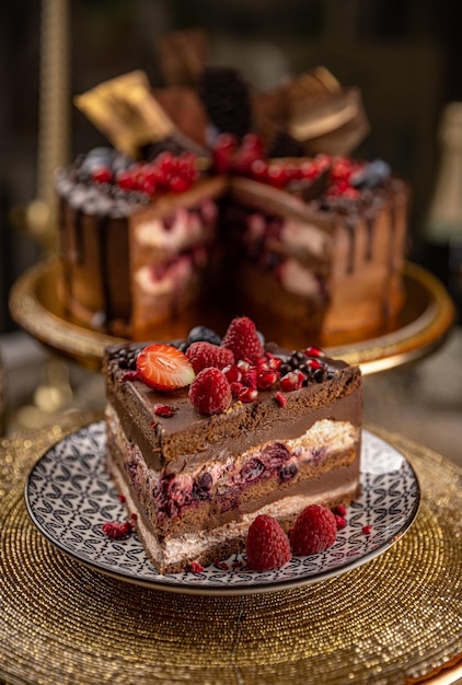 Piece of rustic chocolate cake