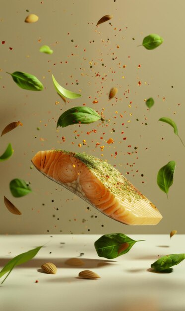 Photo a piece of salmon is garnished with herbs and spices in midair creating