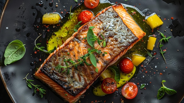 Photo a piece of salmon is served on a black plate with a side of tomatoes and herbs the dish looks delici