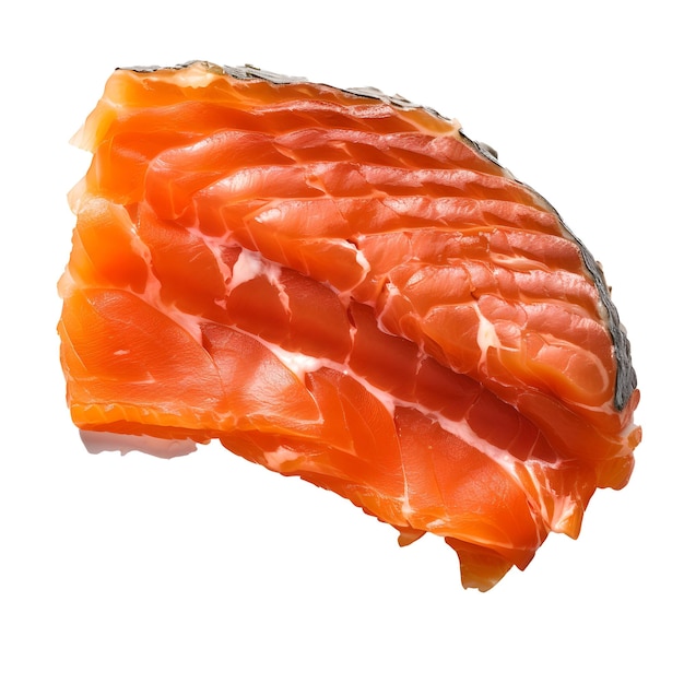 A piece of salmon is shown on a white background.