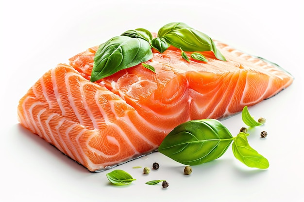 a piece of salmon with basil leaves