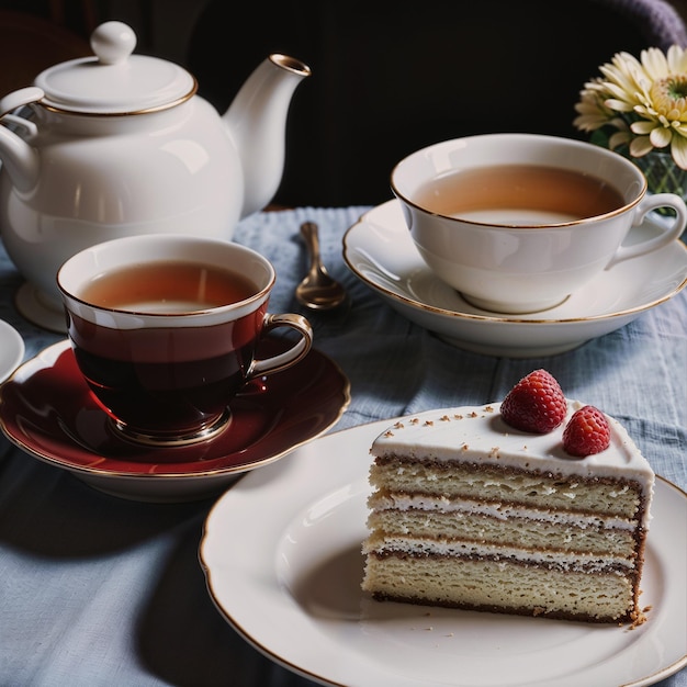 A piece of sponge cake and two cups of tea on the table