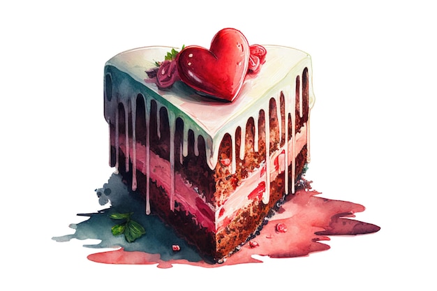 Piece of sponge cake Valentines day or birthday cake isolated on white Watercolour AI generative illustration