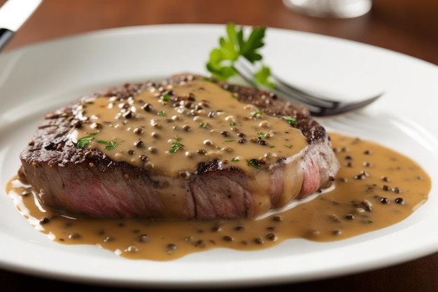 A piece of steak covered in gravy on a white plate generative AI