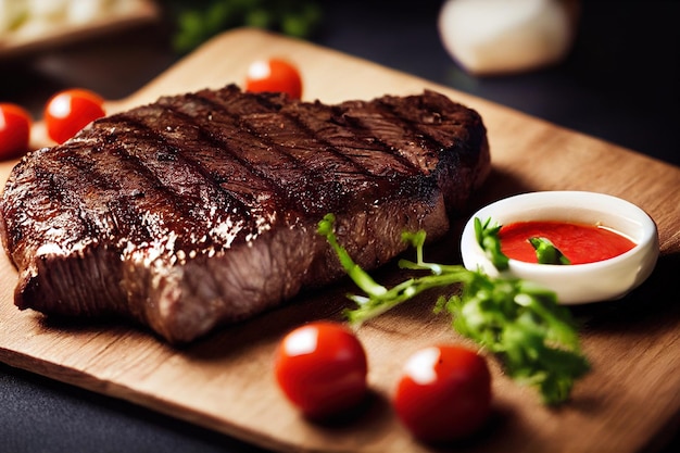 A piece of steak on a cutting board with tomatoes and sauce generative AI