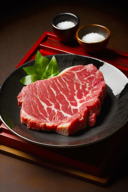 Piece of steak on plate with green leaf on the side Generative AI