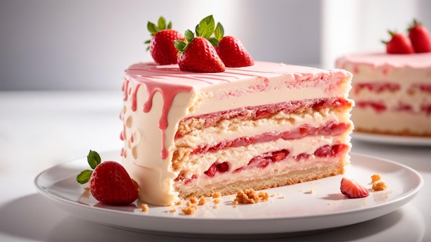 A Piece of Strawberry Cake on a White Plate