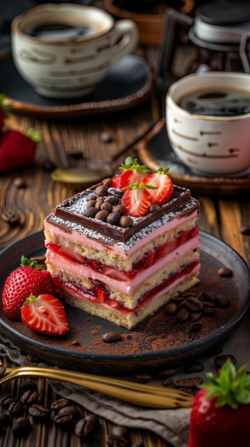 a piece of strawberry cake with chocolate and strawberries on the side AI Generative