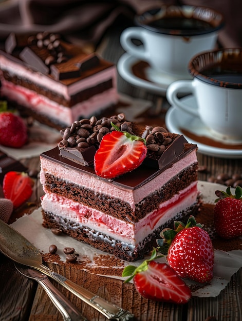 a piece of strawberry cake with chocolate and strawberries on the side AI Generative